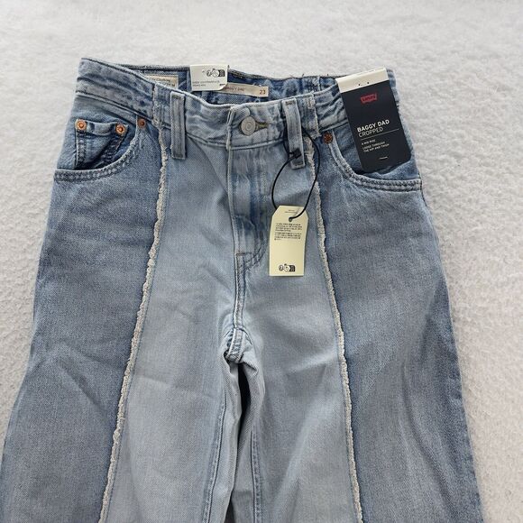 Levi's Premium Baggy Dad Cropped Jeans Women 23x28 Blue 2 Tone Straight Distress - Picture 2 of 16